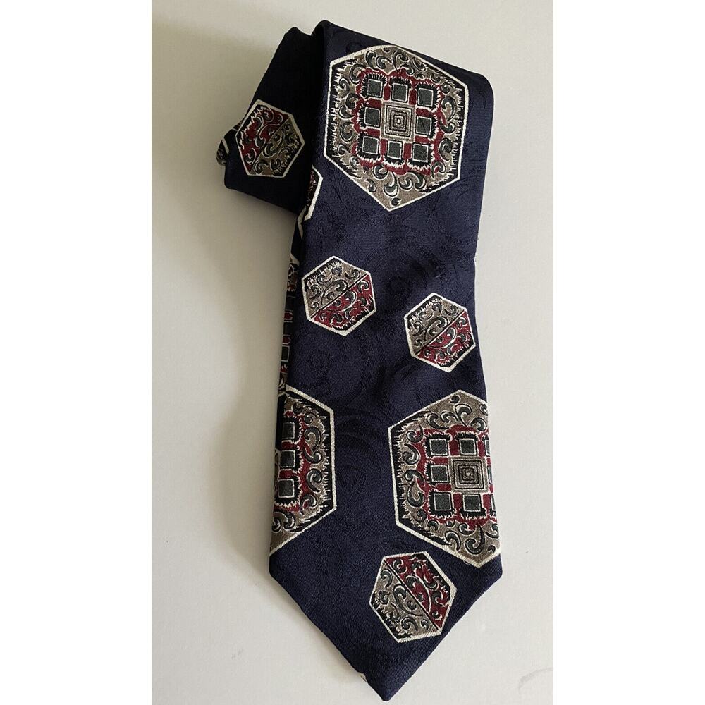 Vintage Bugatti Blue 100% Italian Silk Necktie Hexagon Print Classic Width